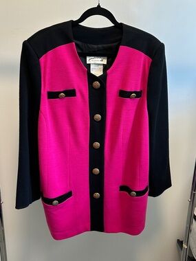 Vintage Mondi Colourblock Hot Pink Black Gold Trim Wool-Blend Jacket Sz 14